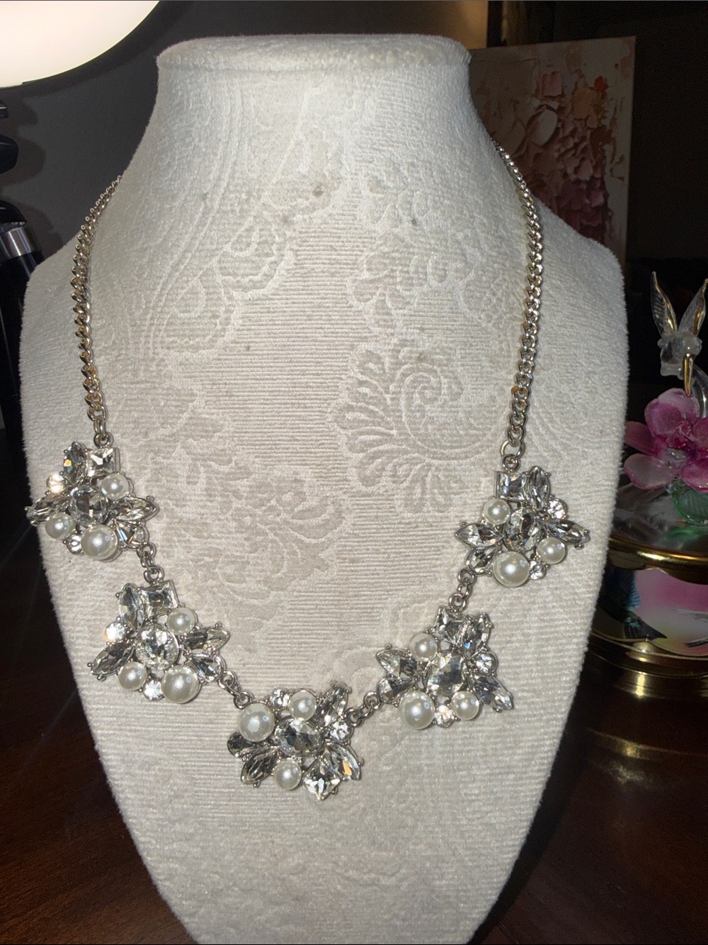 Crystal and Pearl Floral Statement Necklace - Silver